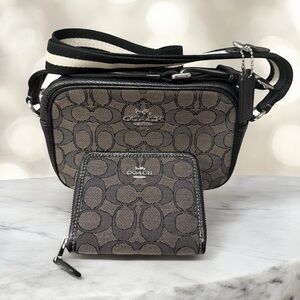 COACH Mini Jamie Camera Bag & Wallet Signature Jacquard Silver/Smoke Black C0927